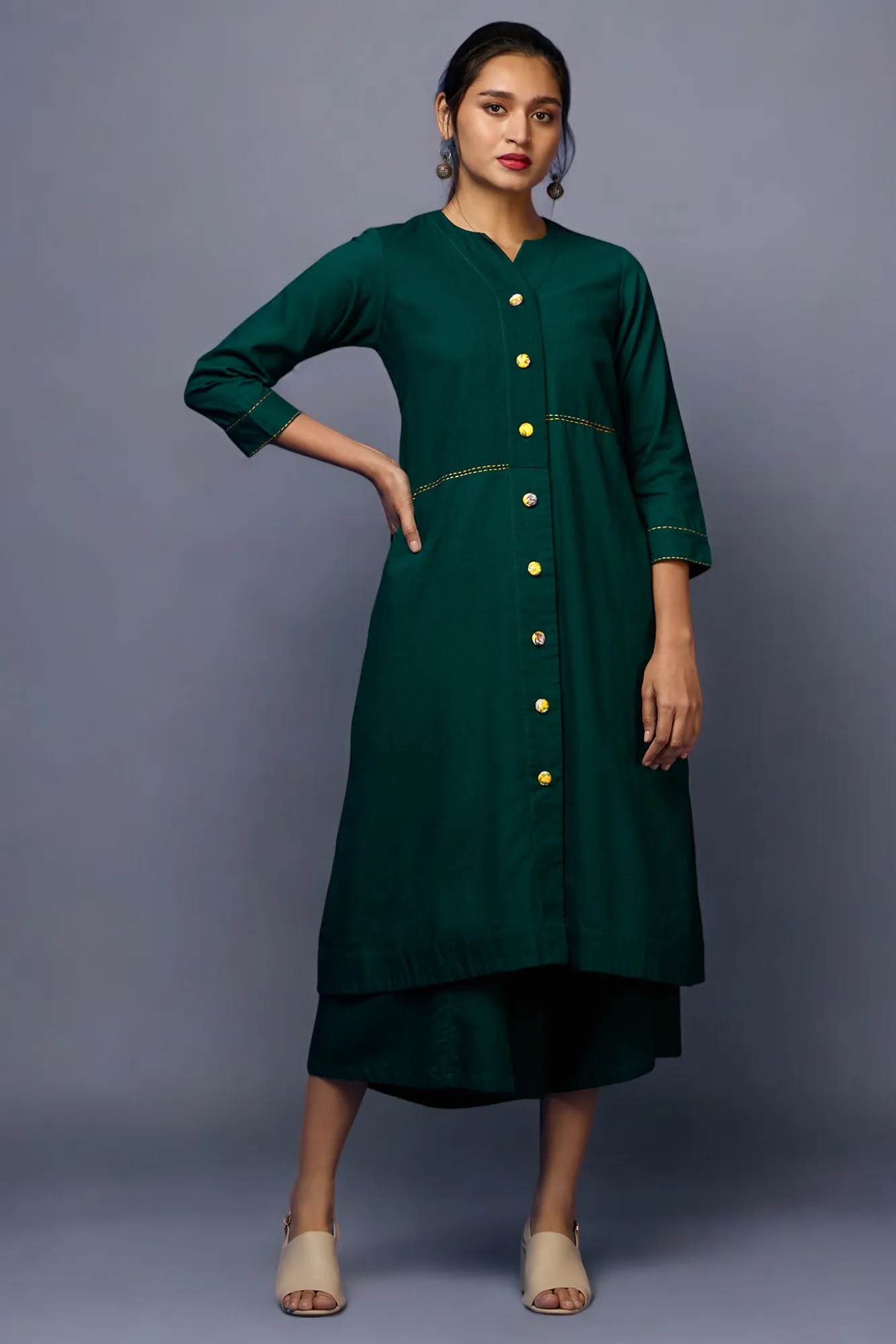 button down tunic kurta with hand stitched details - Evergreen Opulence & Lush Charm