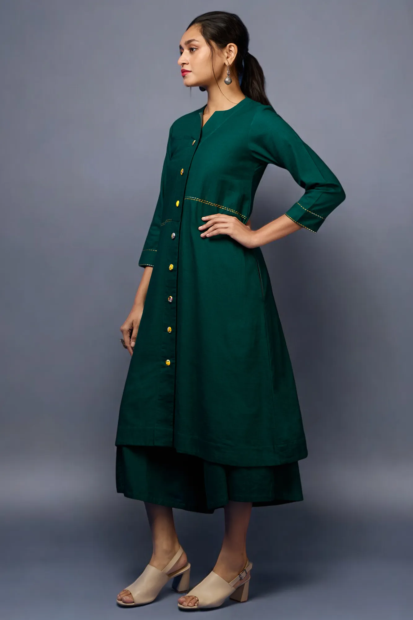 button down tunic kurta with hand stitched details - Evergreen Opulence & Lush Charm