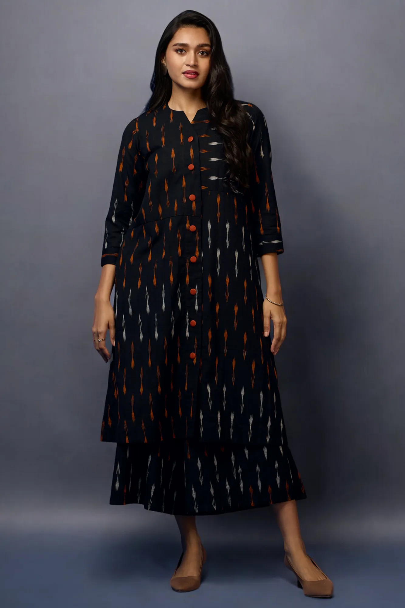 button down tunic kurta with hand stitched details - Rustic Noir & Ebony Elegance