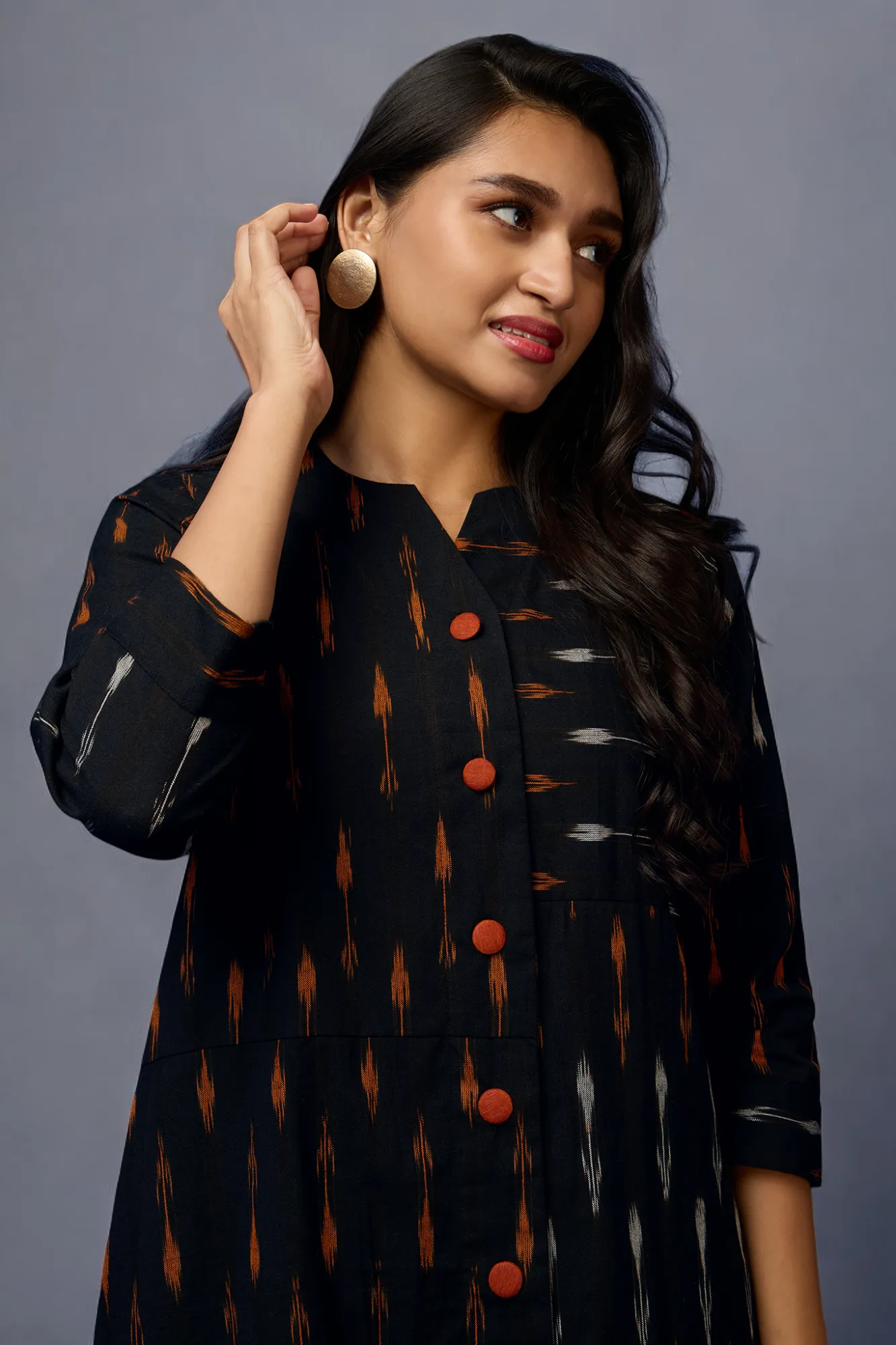 button down tunic kurta with hand stitched details - Rustic Noir & Ebony Elegance