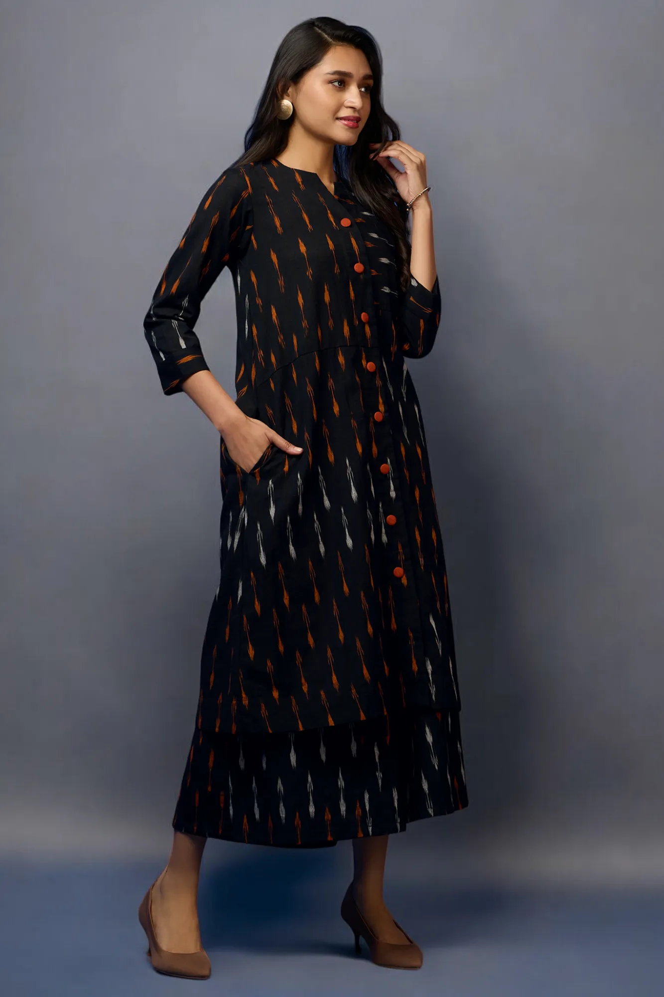 button down tunic kurta with hand stitched details - Rustic Noir & Ebony Elegance