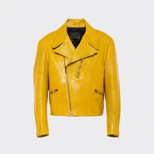 Buy Best Price Fashion yellow women's cowhide leather biker jacket