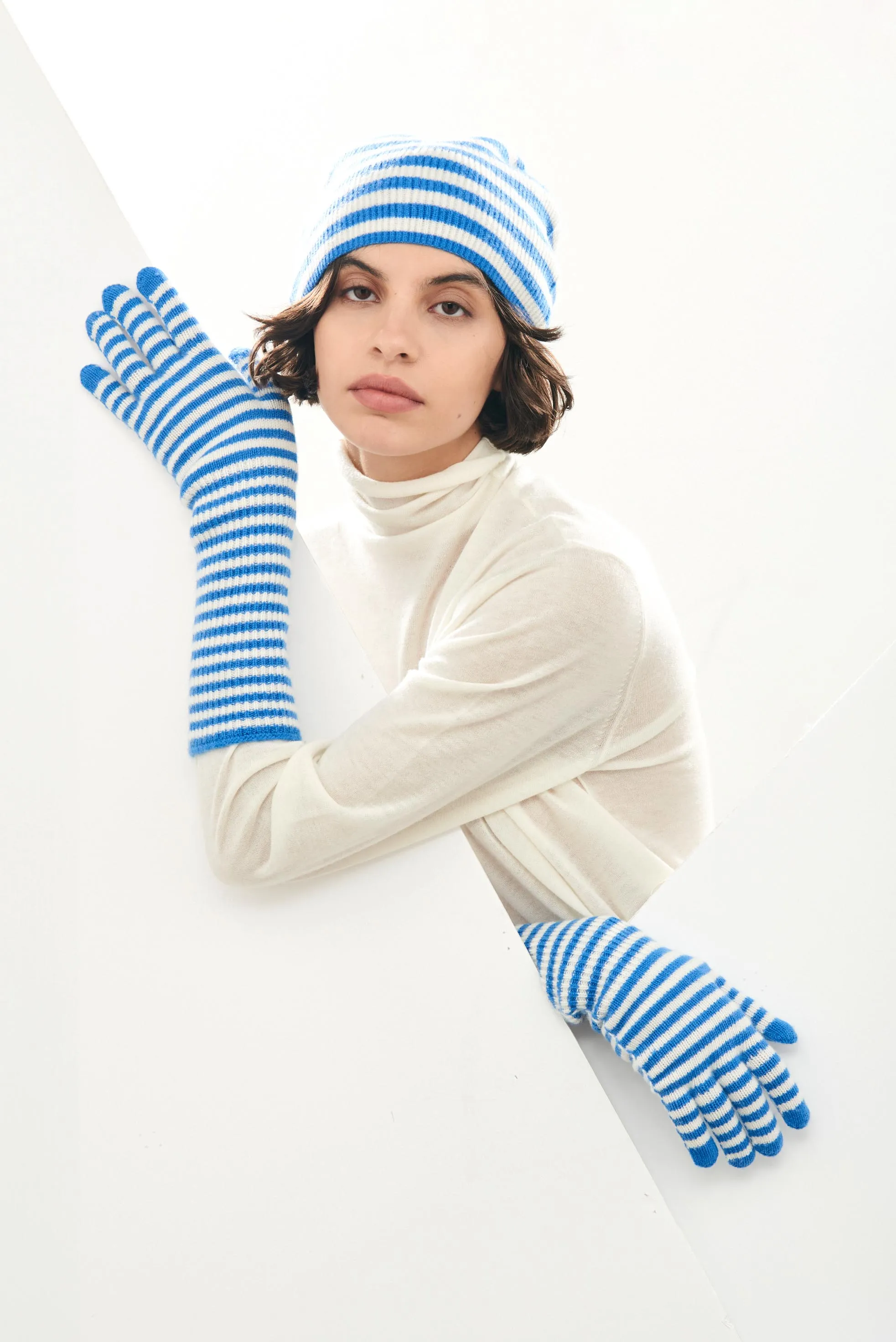 Cashmere Narrow Stripe Rib Beanie in Sky and Cream