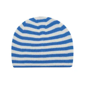 Cashmere Narrow Stripe Rib Beanie in Sky and Cream