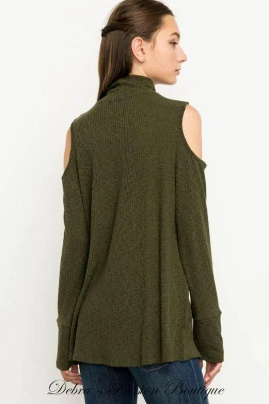 *CLOSEOUT SALE Mittoshop Mock Turtleneck Cold Shoulder Top - Olive or Taupe