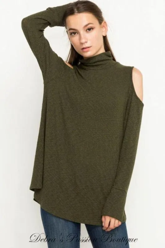 *CLOSEOUT SALE Mittoshop Mock Turtleneck Cold Shoulder Top - Olive or Taupe