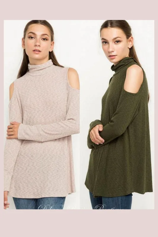 *CLOSEOUT SALE Mittoshop Mock Turtleneck Cold Shoulder Top - Olive or Taupe