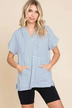 Cobalt Blue Striped Short Sleeve Hooded Top