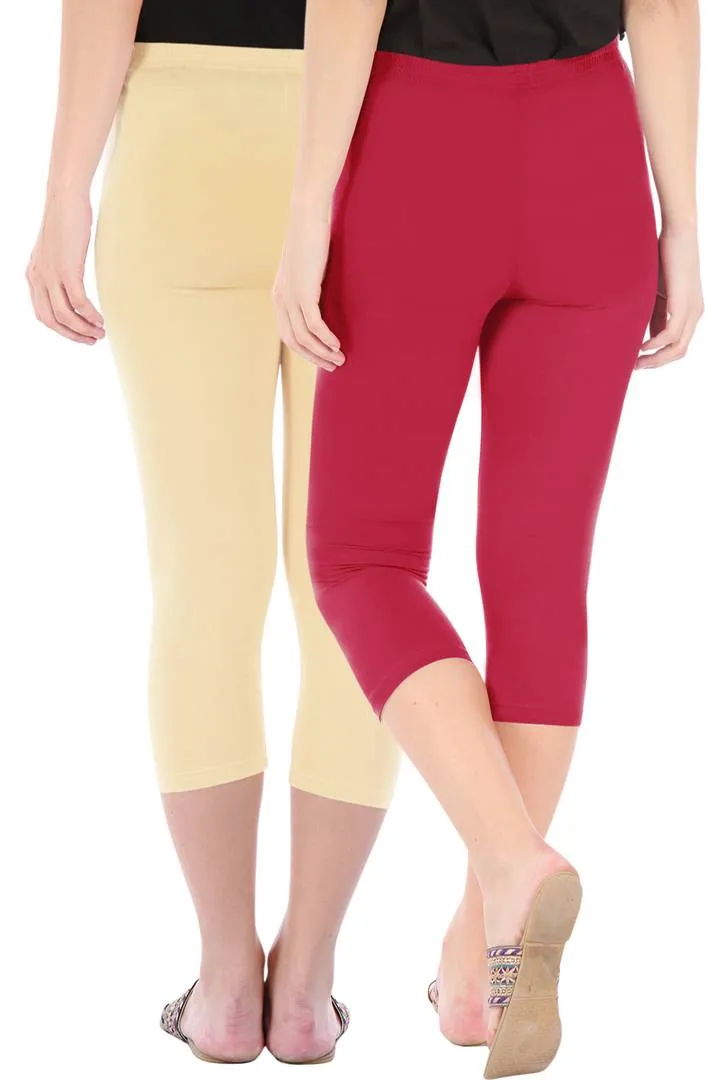 Combo Pack Of 2 Skinny Fit 3/4 Capris Leggings For Women Light Skin Tomato Red