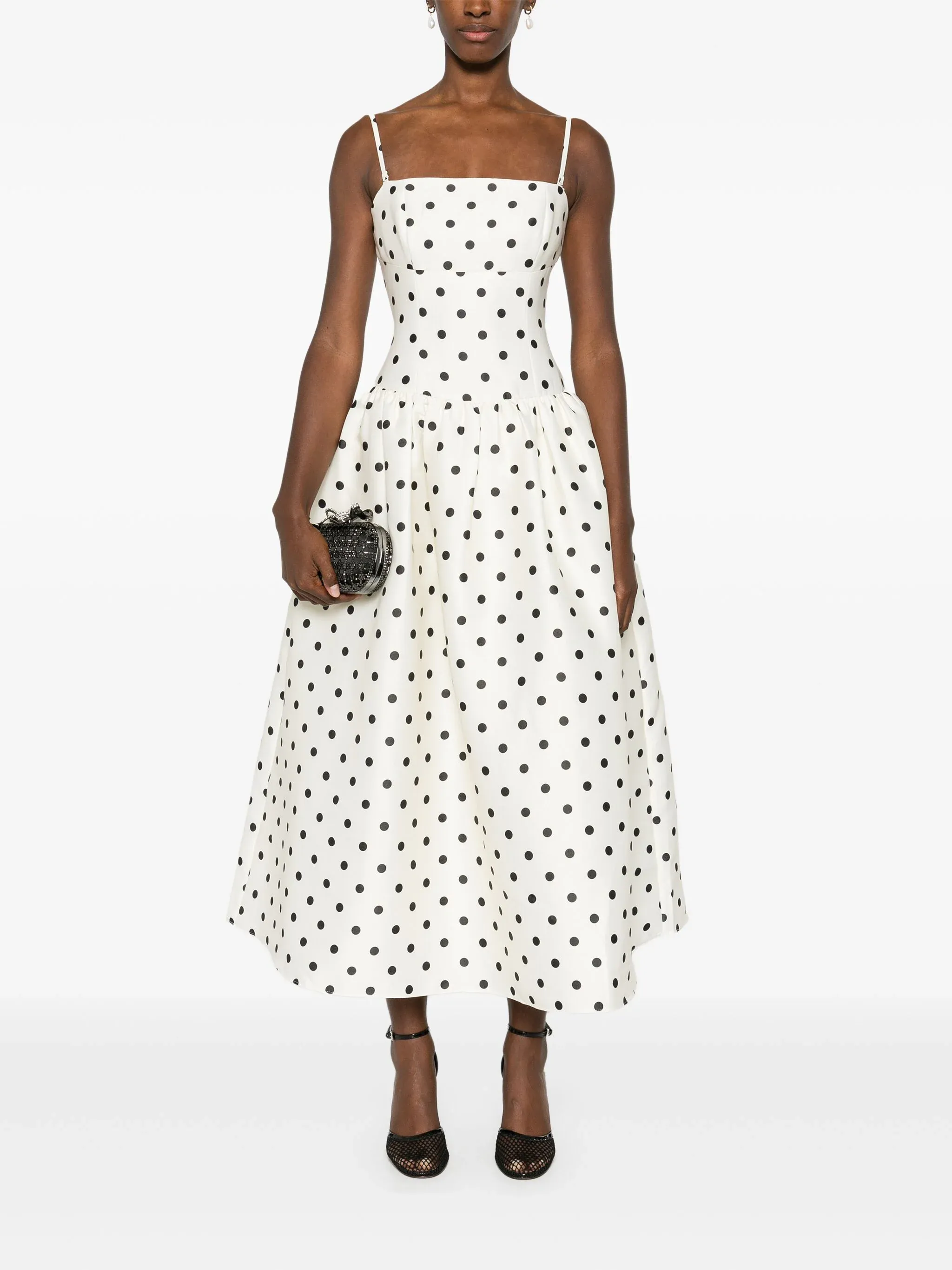 Cream Polka Dot Taffeta Midi Dress