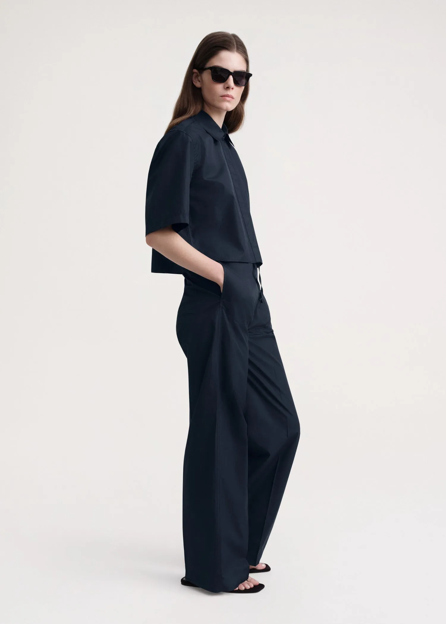 Cropped cotton-poplin shirt dark navy