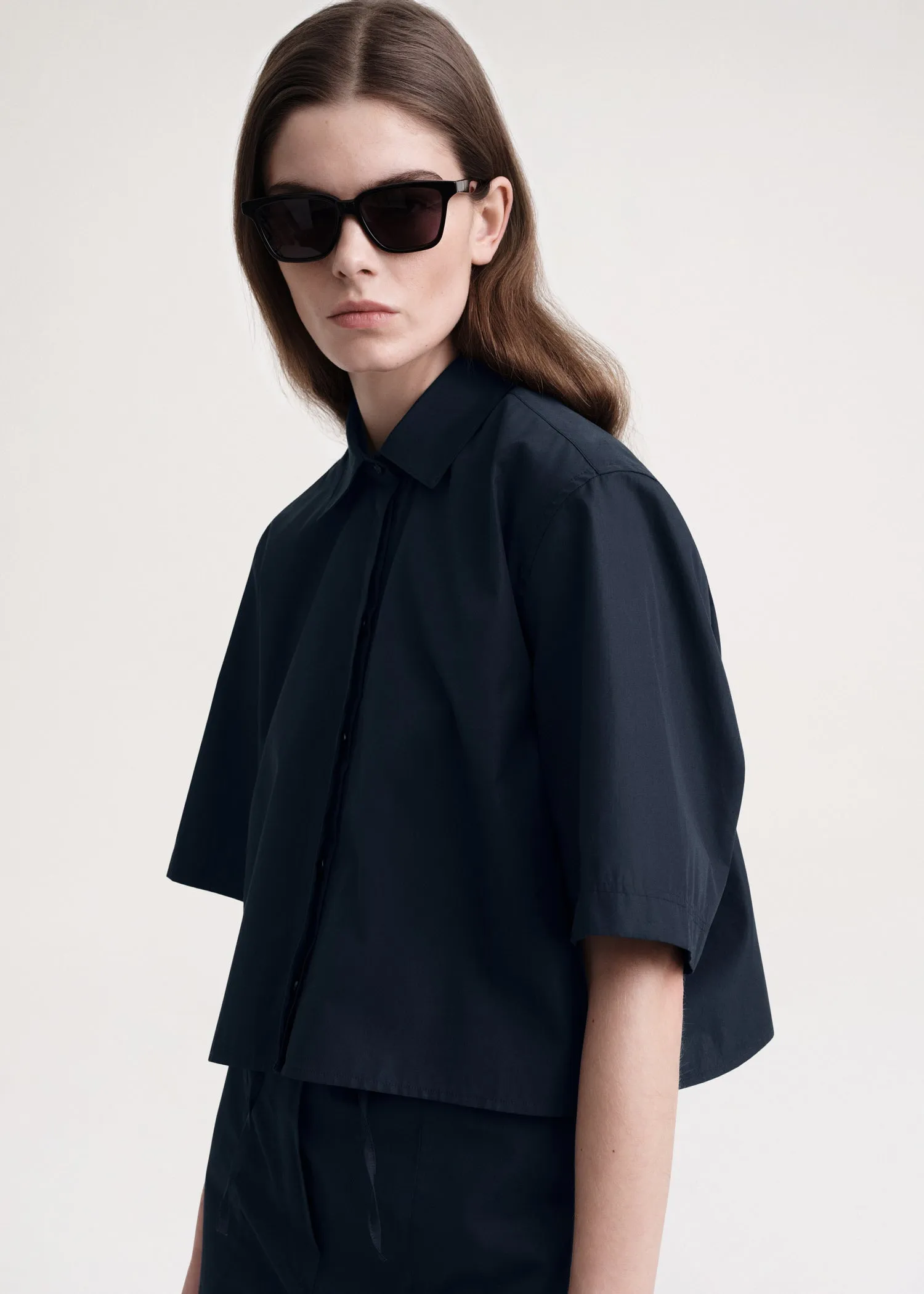 Cropped cotton-poplin shirt dark navy