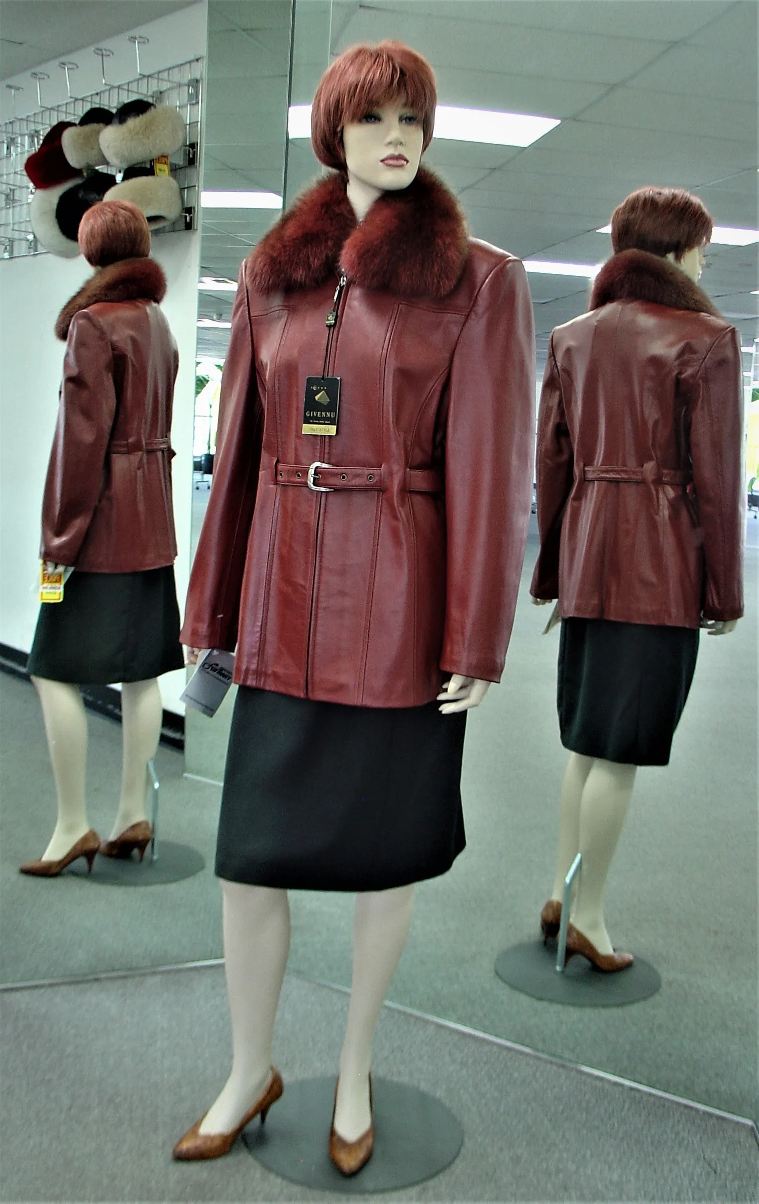 Dark Red Lamb Leather Jacket, Det. Fox- fur Collar