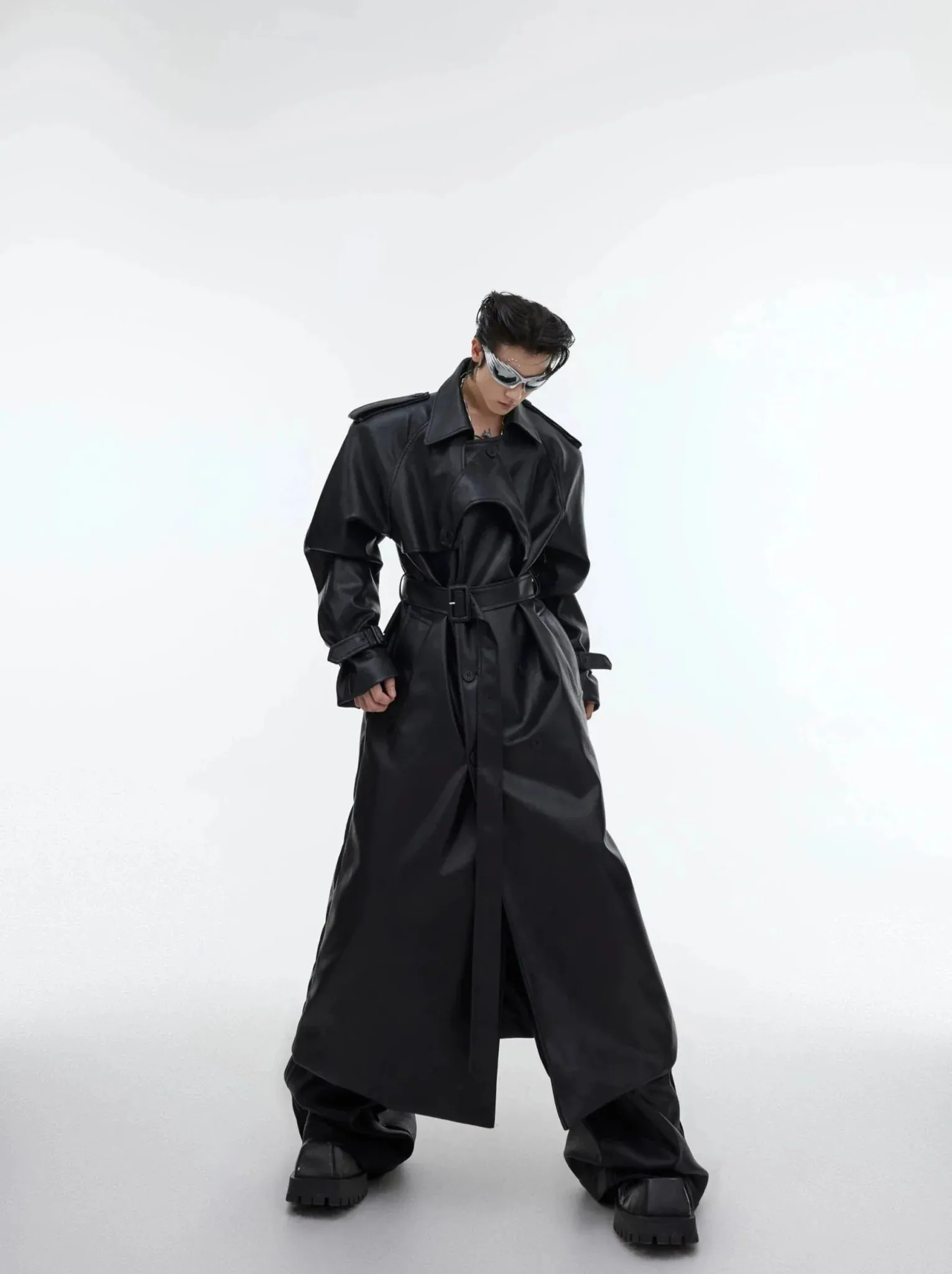 Deconstructed Split Shoulder Pad Faux Leather Coat | Structured Long Over-Knee Trench