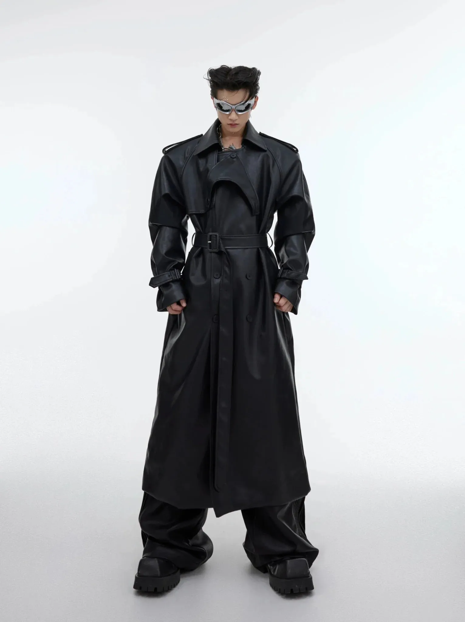 Deconstructed Split Shoulder Pad Faux Leather Coat | Structured Long Over-Knee Trench