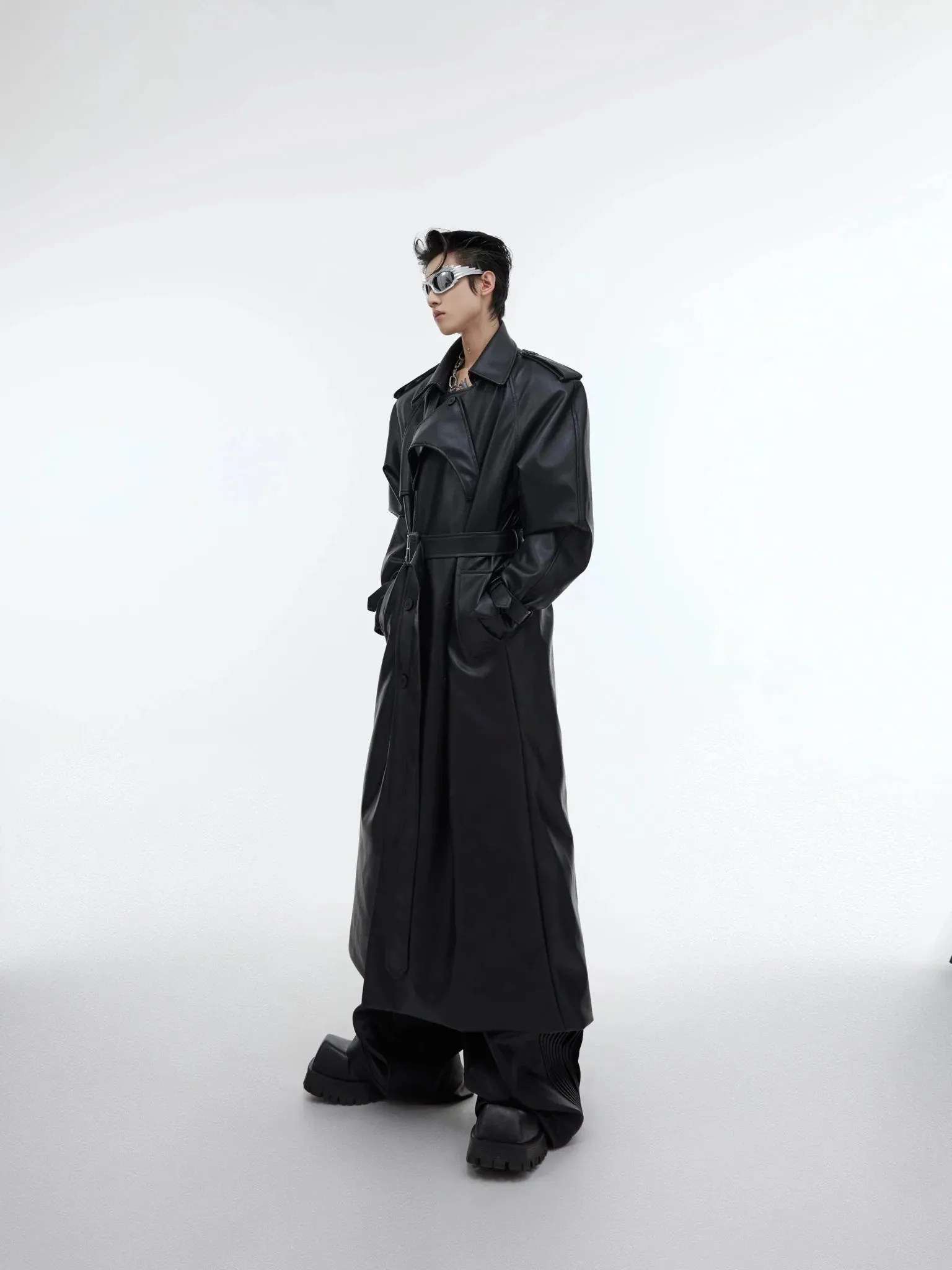 Deconstructed Split Shoulder Pad Faux Leather Coat | Structured Long Over-Knee Trench