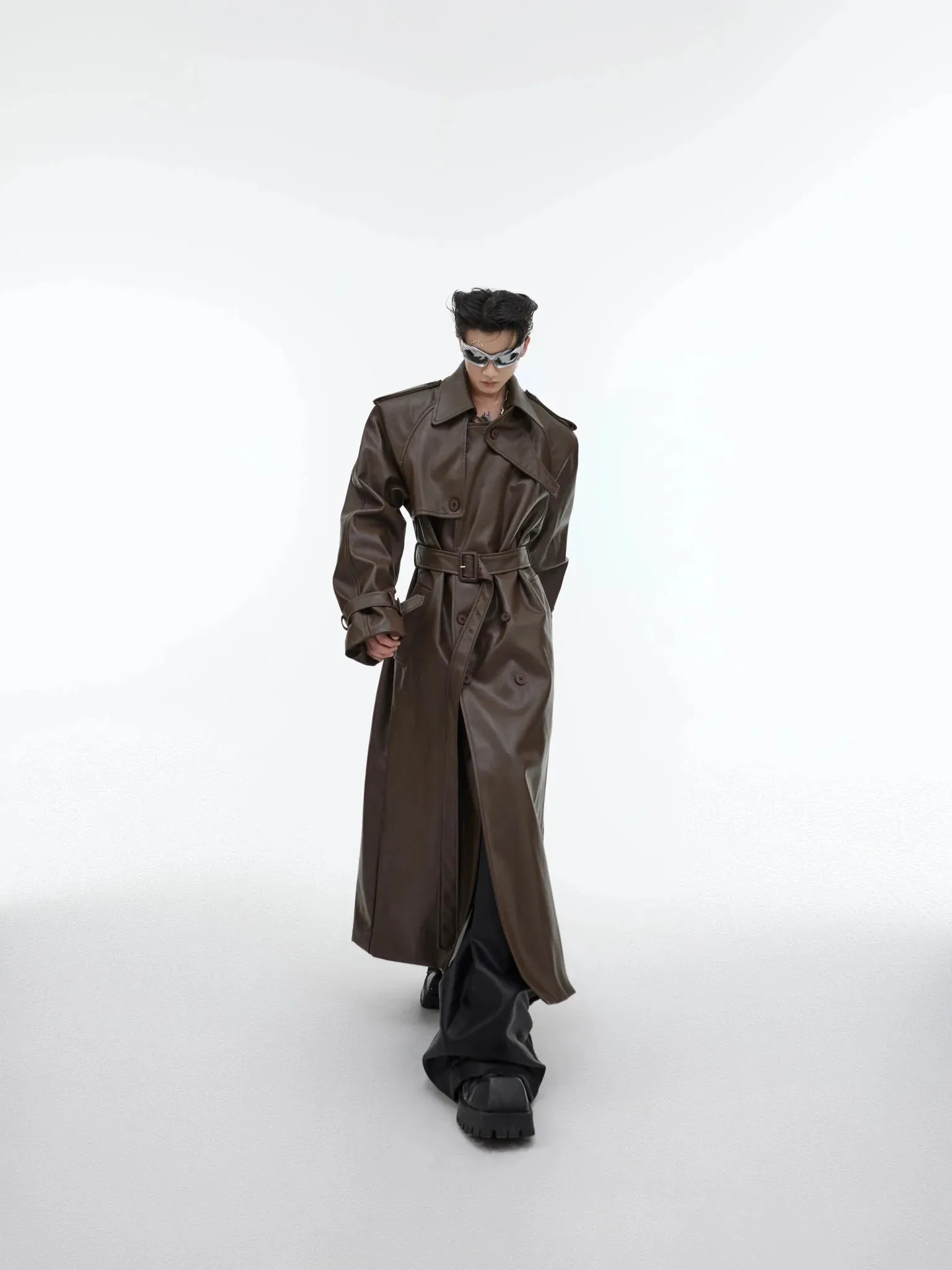 Deconstructed Split Shoulder Pad Faux Leather Coat | Structured Long Over-Knee Trench