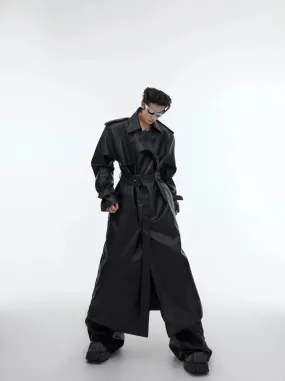 Deconstructed Split Shoulder Pad Faux Leather Coat | Structured Long Over-Knee Trench