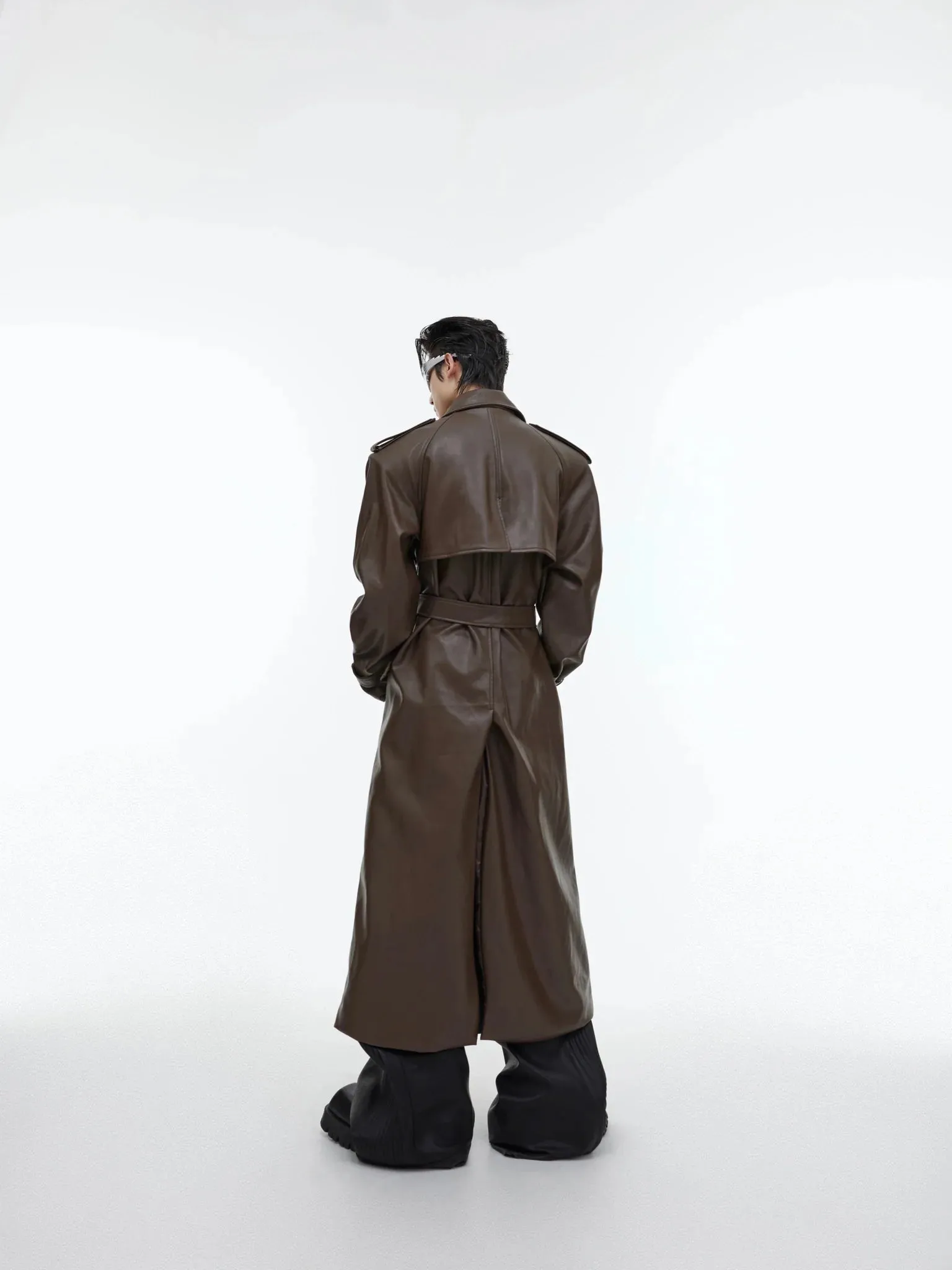 Deconstructed Split Shoulder Pad Faux Leather Coat | Structured Long Over-Knee Trench