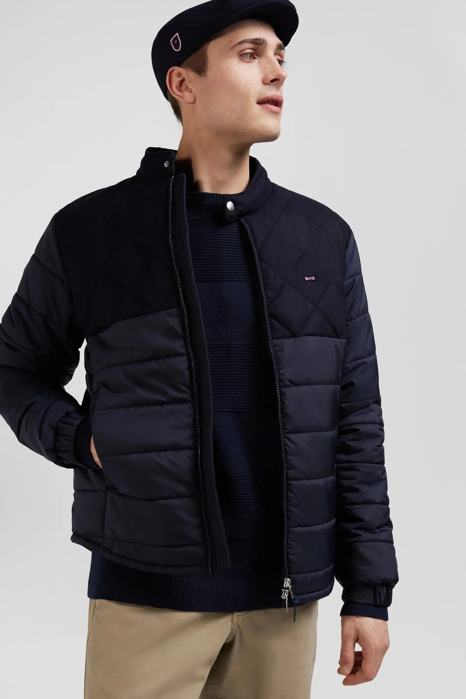 Eden Park Long-Sleeved Double Quilted High Collar Down Jacket - Navy