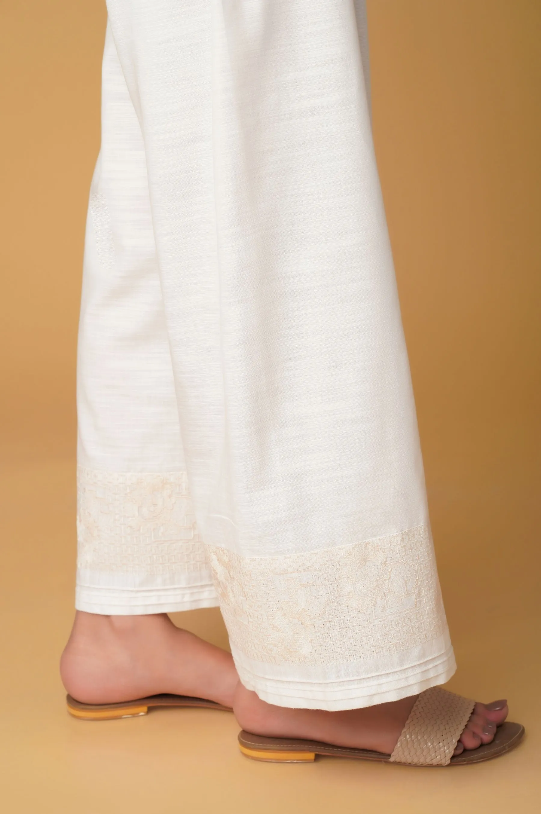 Embroidered Khaddar culottes - White