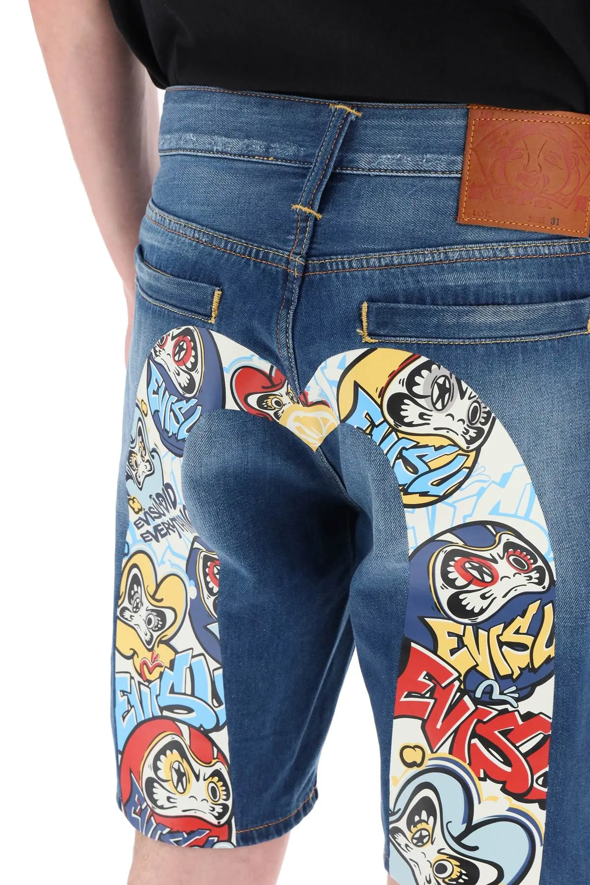 Evisu graffiti daruma denim shorts