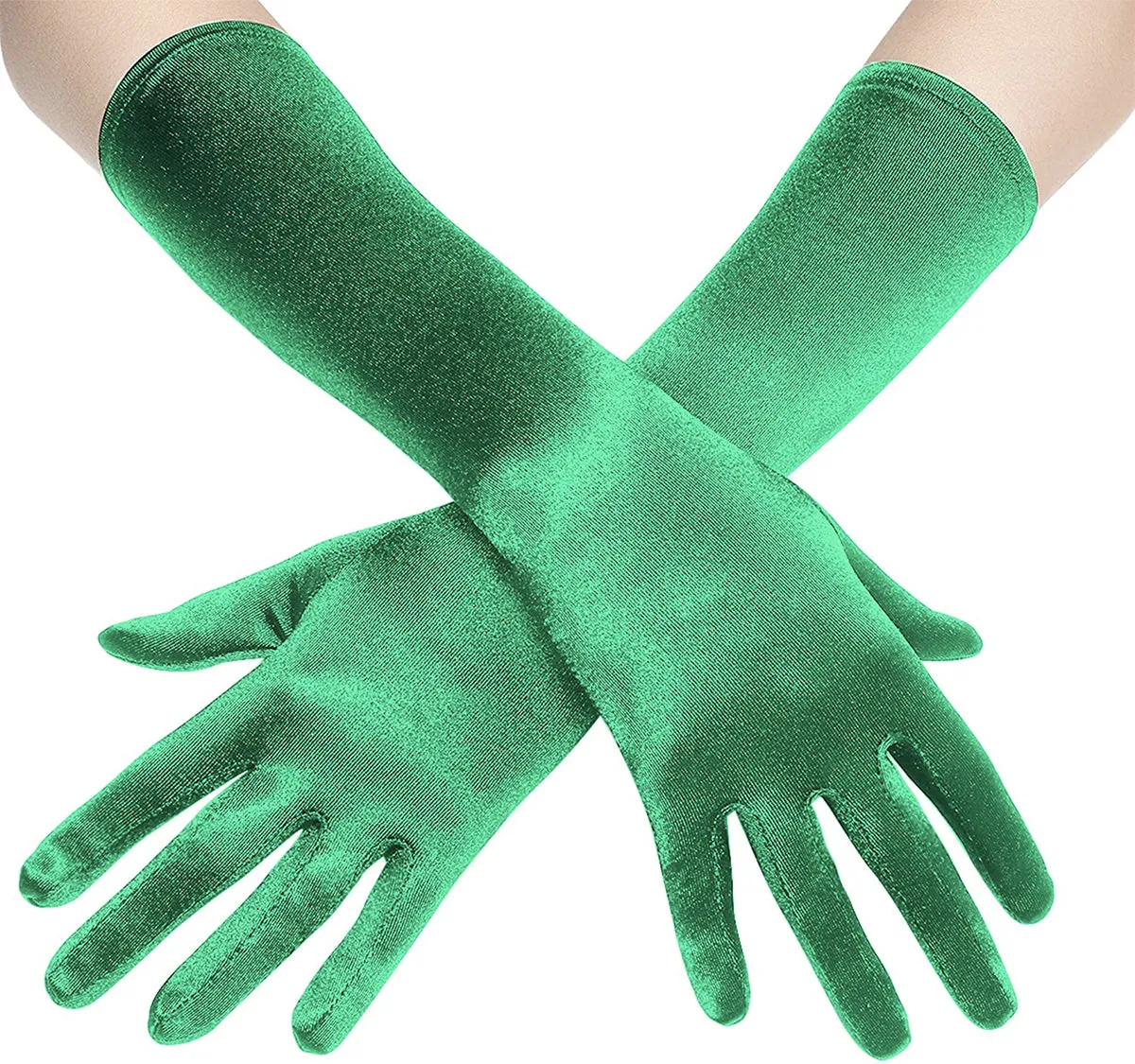 Fancydresswale hand Gloves for women for parties, long colourful satin hand cover 38 cm; Green