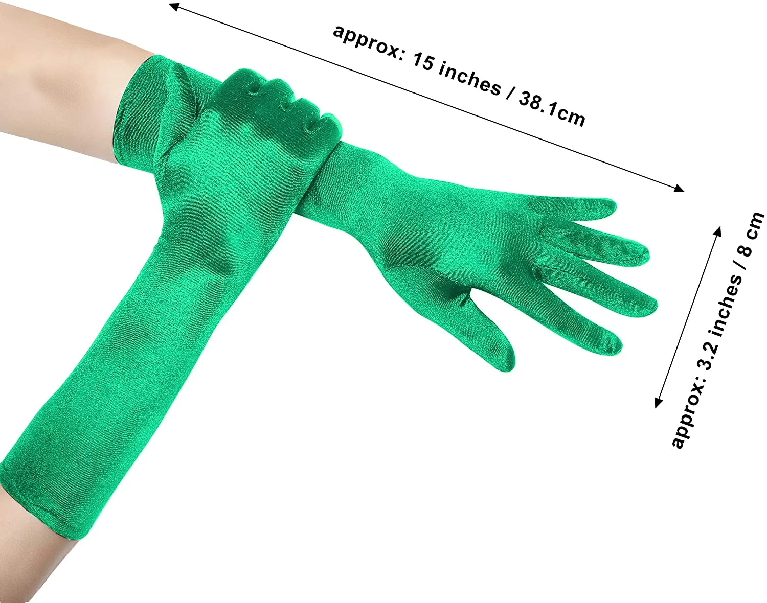 Fancydresswale hand Gloves for women for parties, long colourful satin hand cover 38 cm; Green