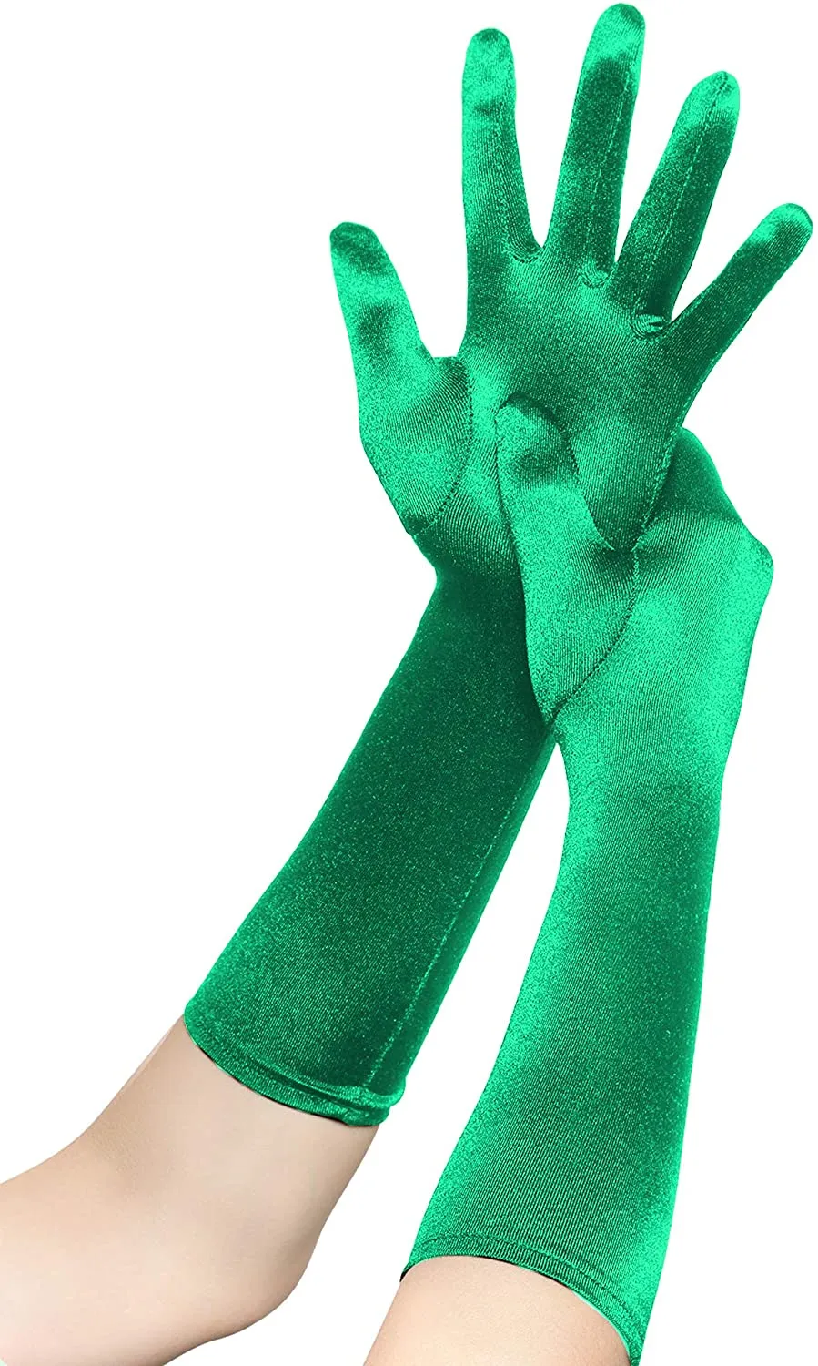 Fancydresswale hand Gloves for women for parties, long colourful satin hand cover 38 cm; Green