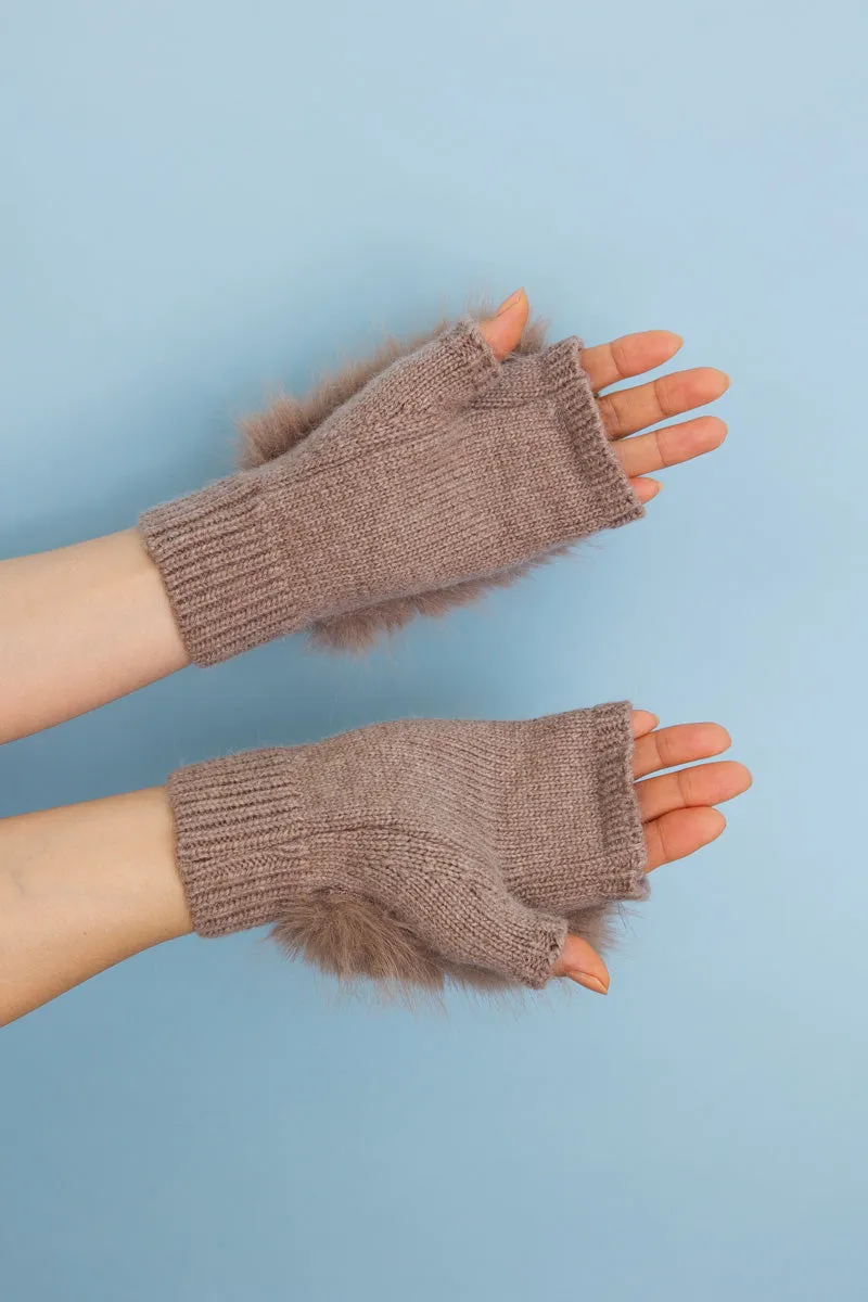 Faux Fur Trim Fingerless Knit Mittens