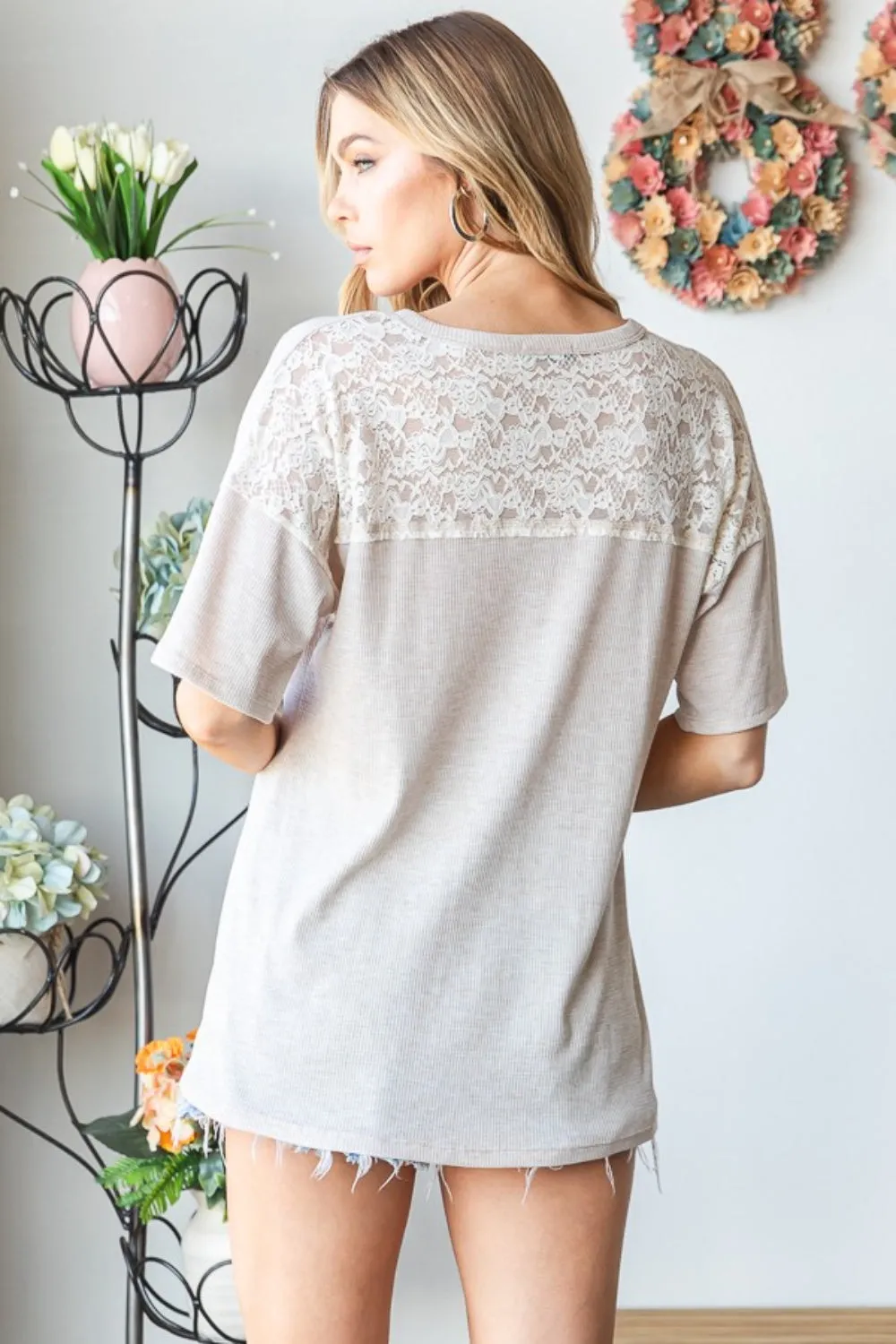 Full Size Lace Front Pocket Drop Shoulder Top