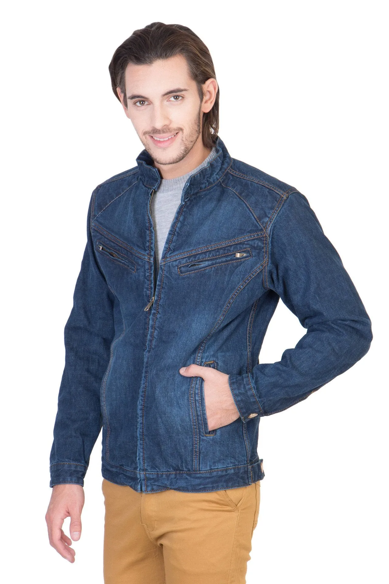 Full Sleeve Blue Men's Denim Jacket with Zipper