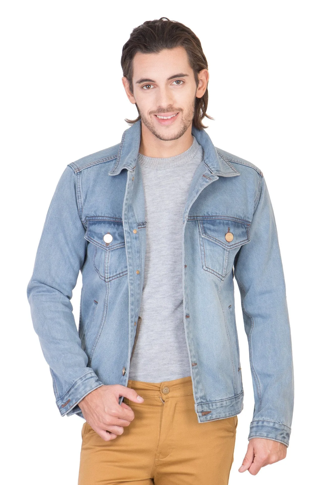 Full Sleeve Light Blue Men's Denim Jacket with Brass Buttons