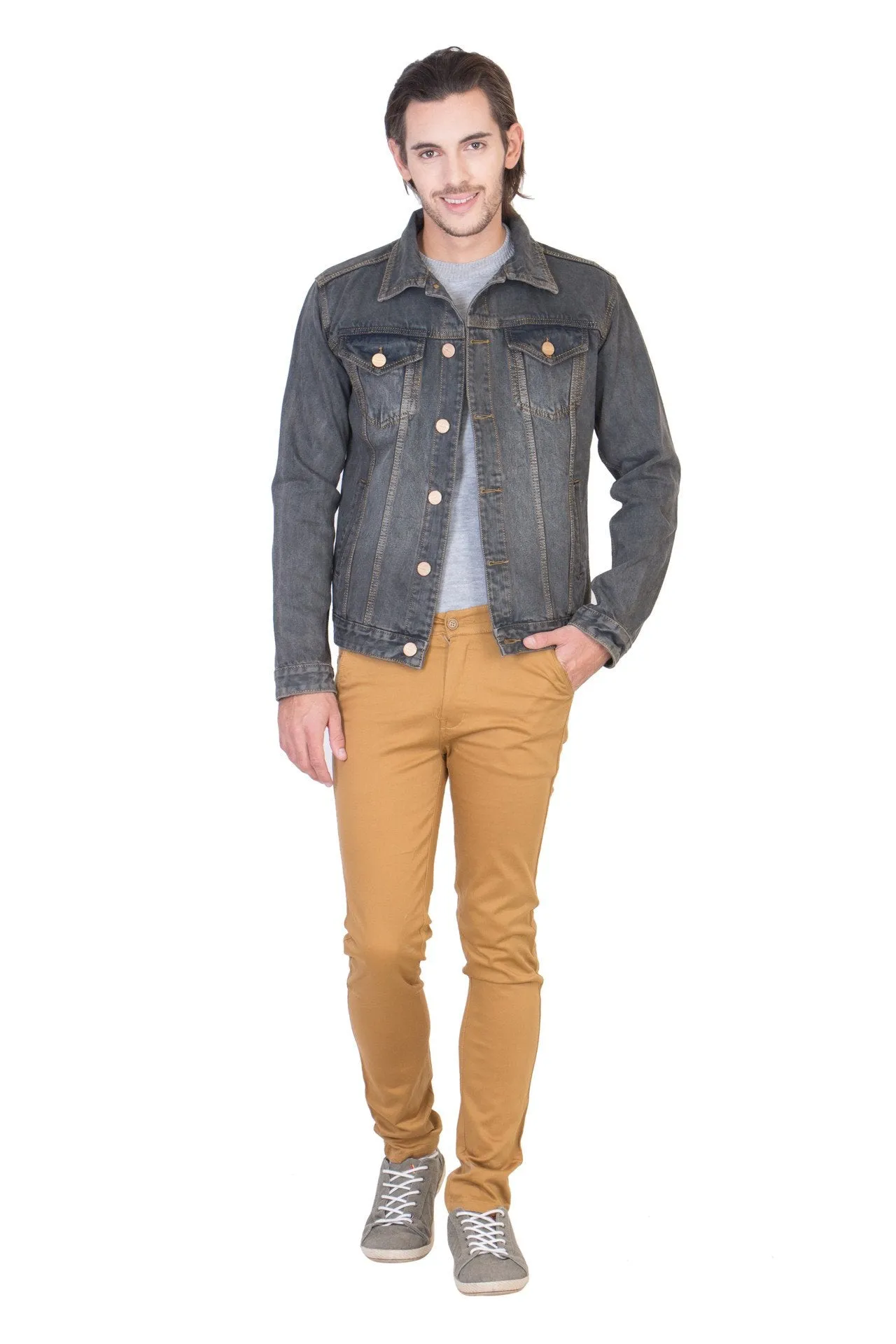 Full Sleeve Tinted Grey Men's Denim Jacket with Brass Button