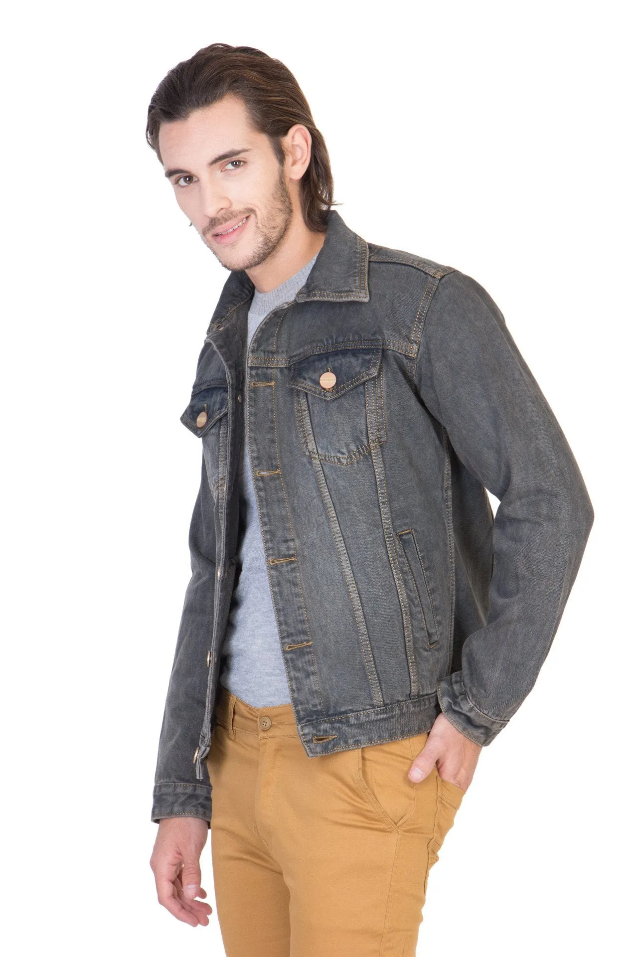 Full Sleeve Tinted Grey Men's Denim Jacket with Brass Button