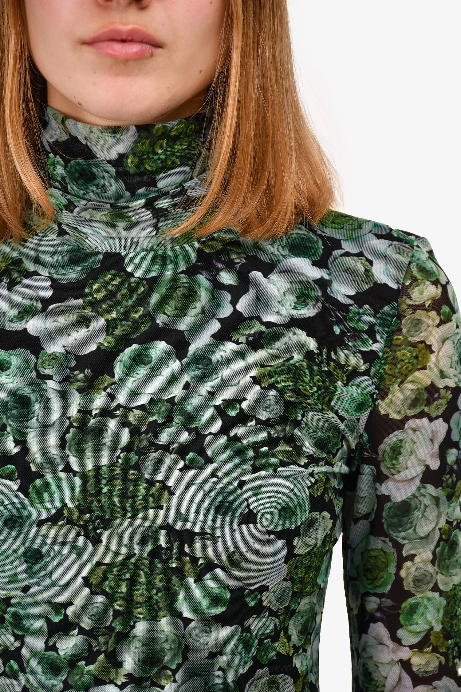 Ganni Black/Green Floral Mesh Turtleneck Size 36