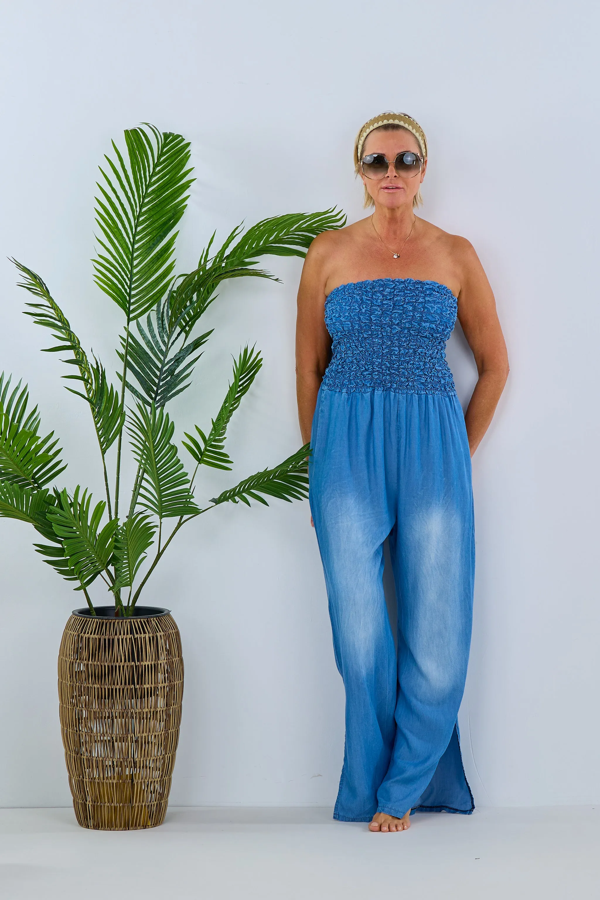 gesmokter Overall im Jeanslook, blau