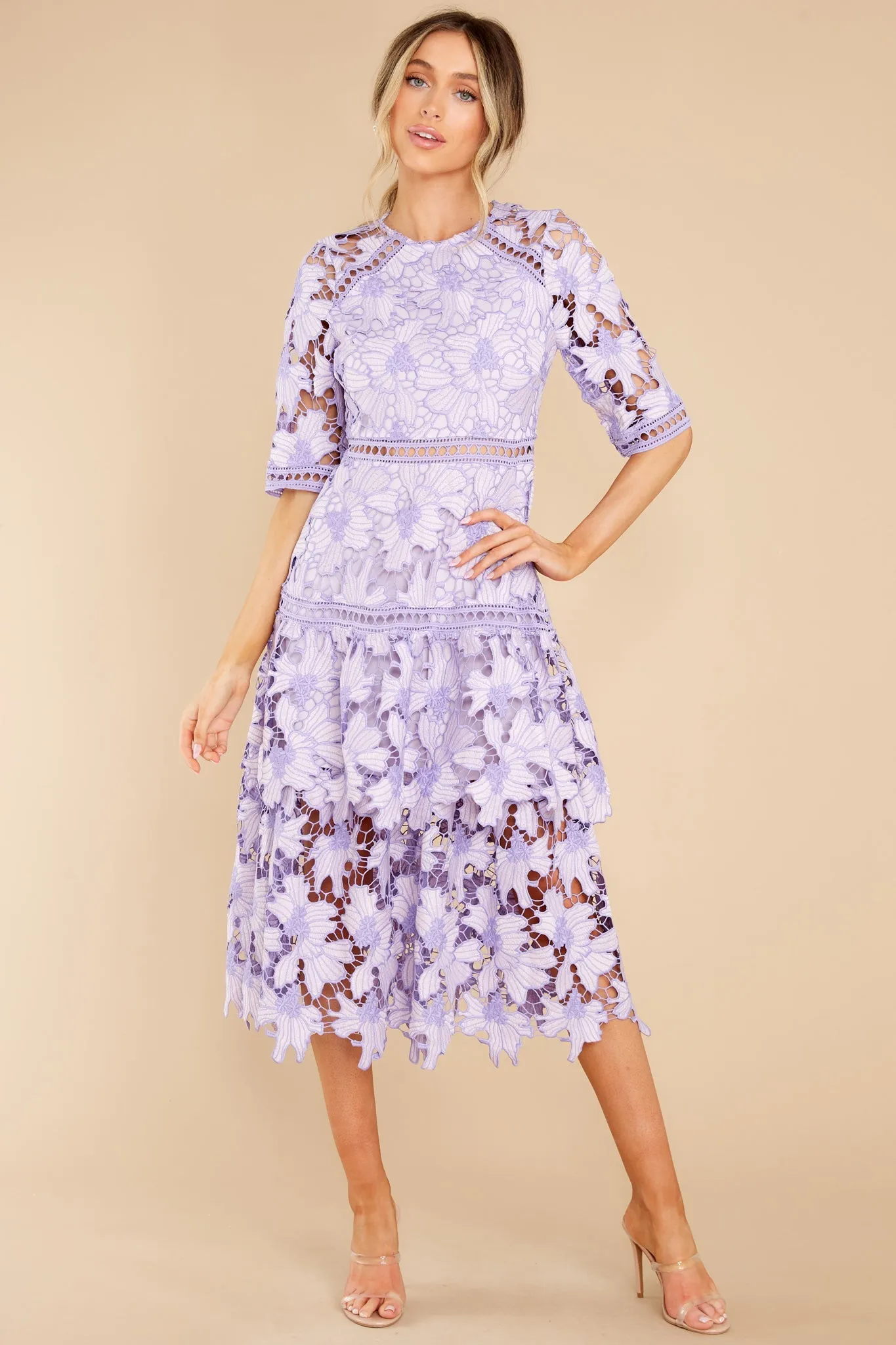 Get To The Point Lavender Lace Midi Dress