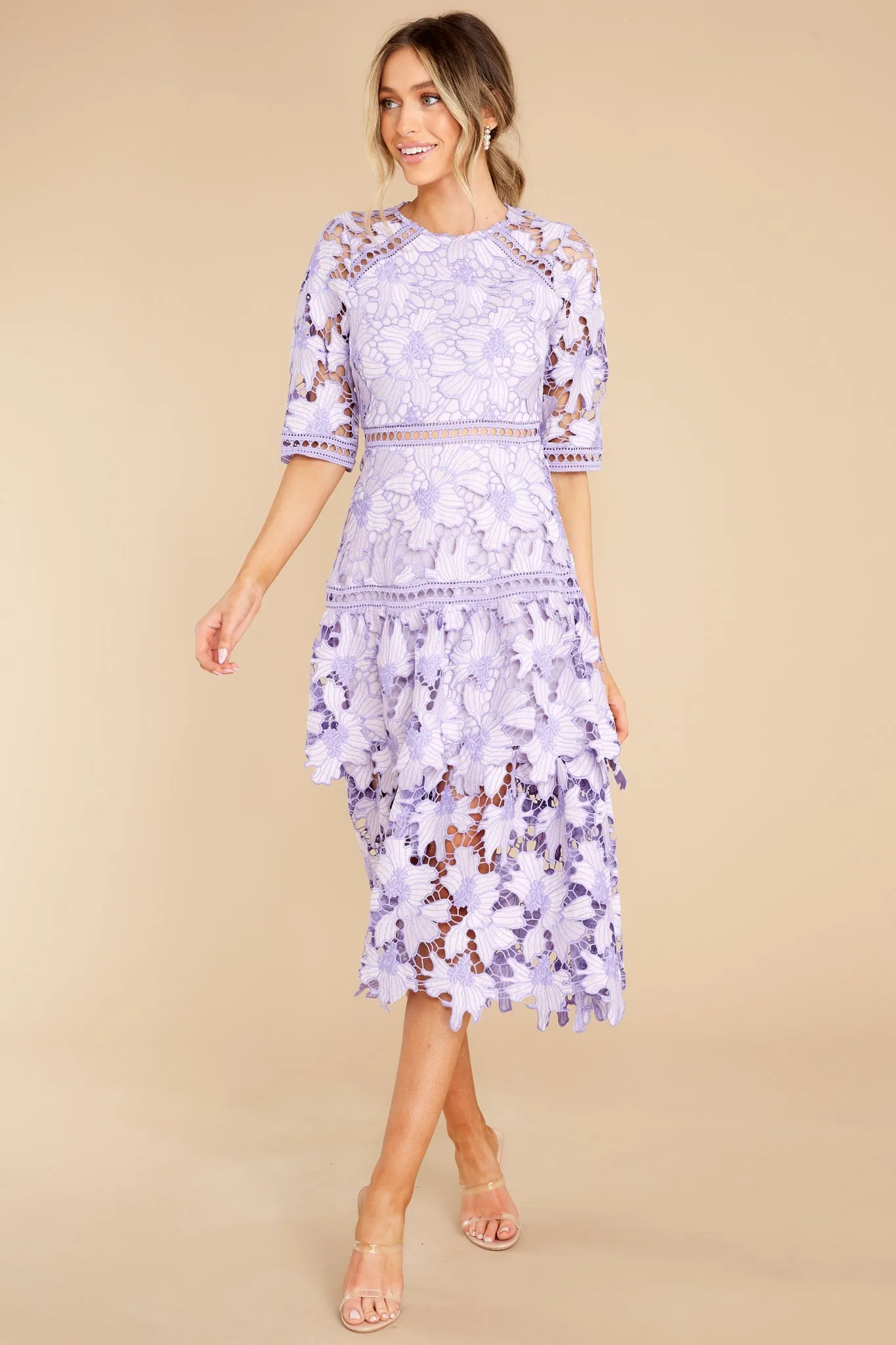 Get To The Point Lavender Lace Midi Dress