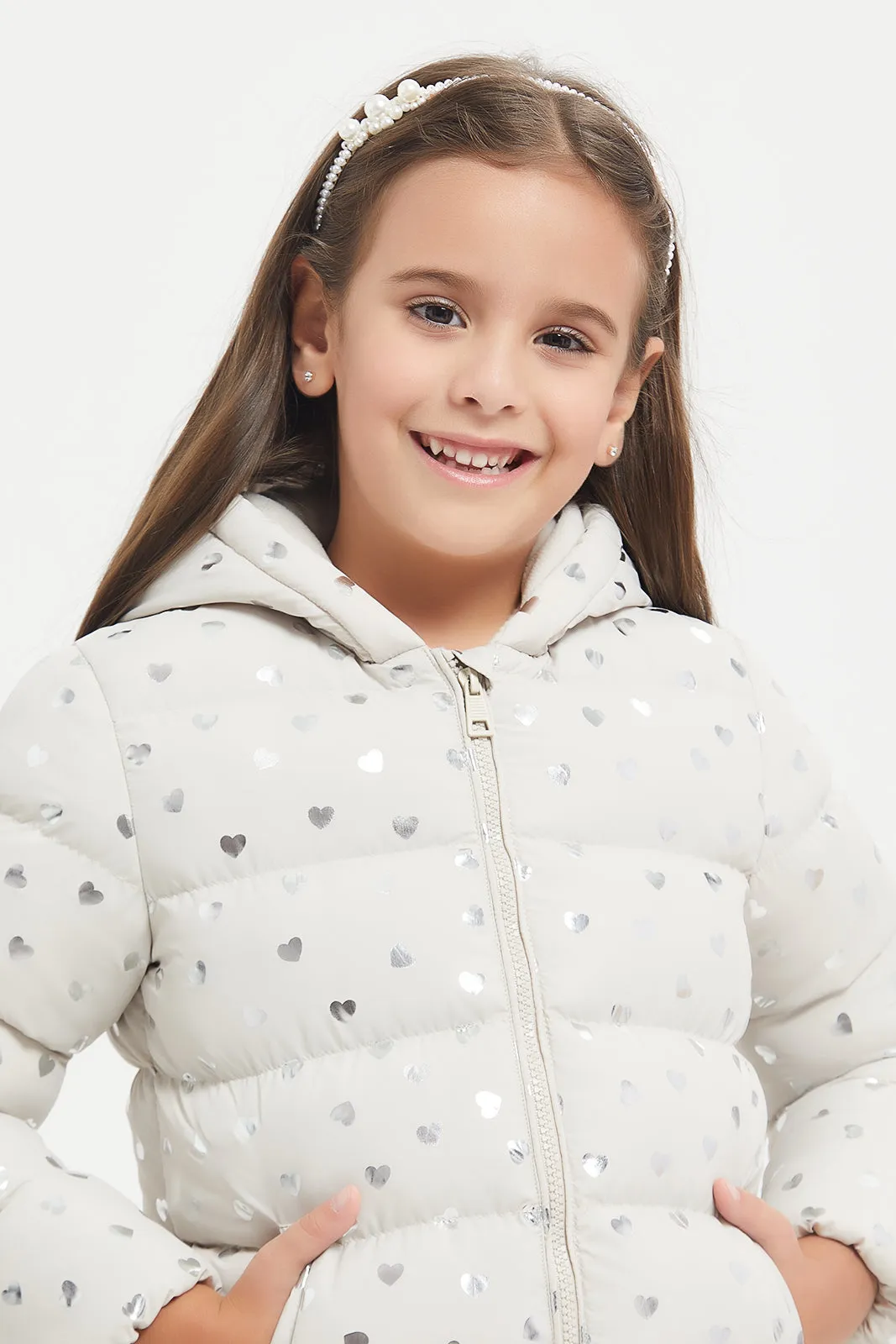 Girls Beige Printed Padded Jacket