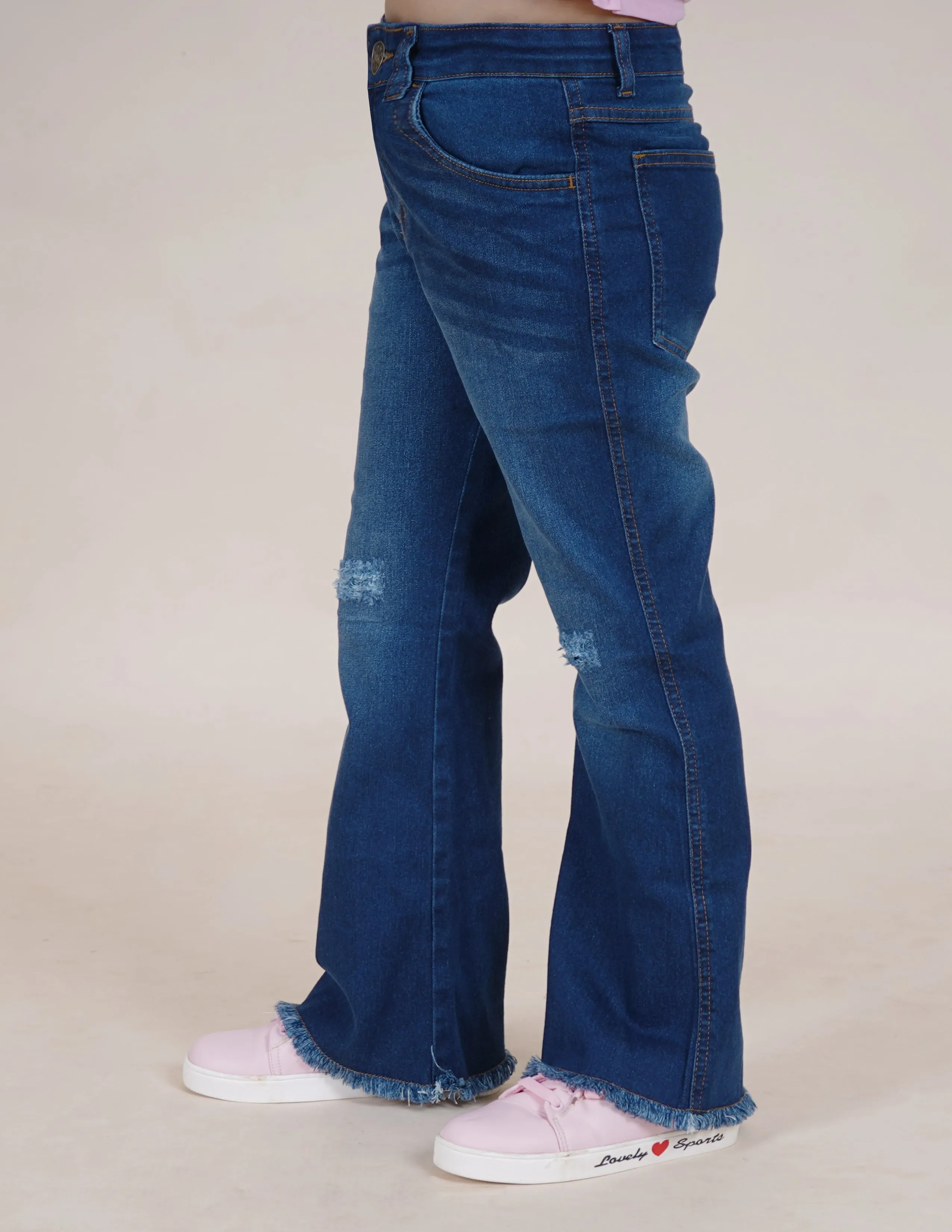 Girls Bottom Flared Knee Distress Stretchable Denim Jeans With Adjustable Elastic Waist