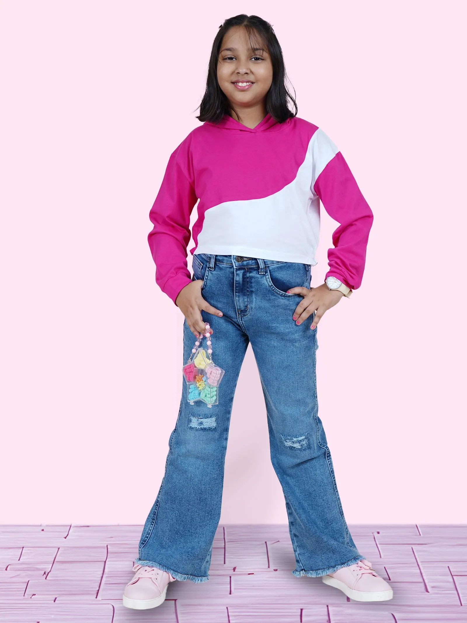 Girls Bottom Flared Knee Distress Stretchable Denim Jeans With Adjustable Elastic Waist