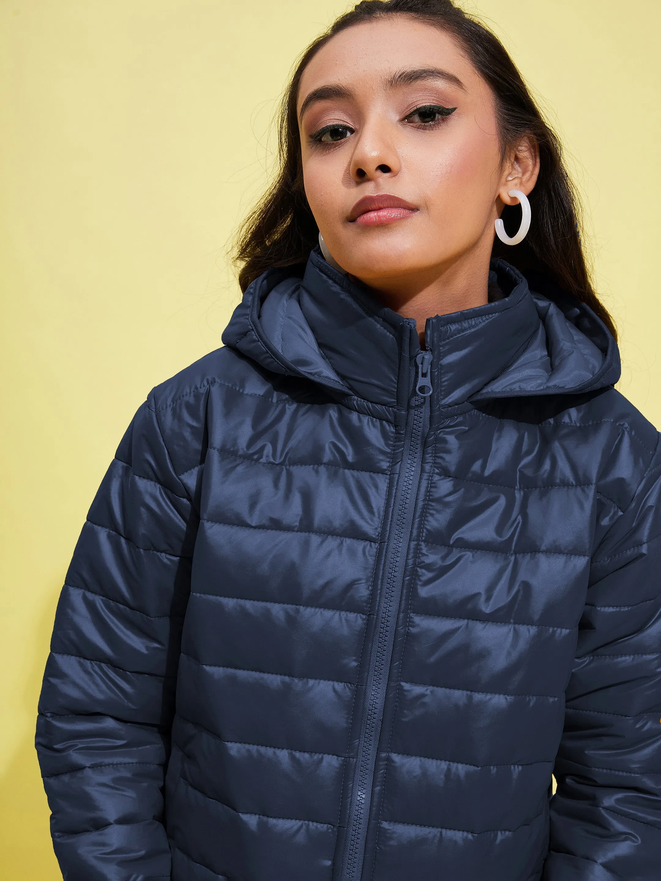 Girls Navy Quilted Hooded Jacket