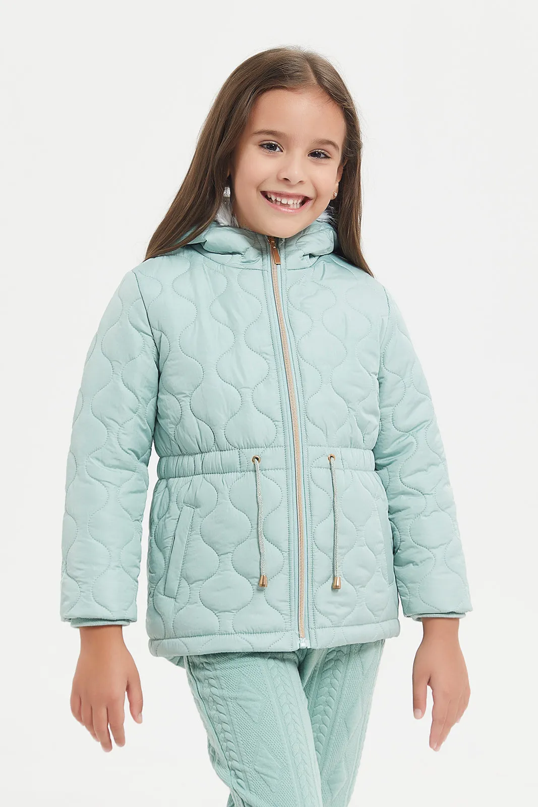 Girls Teal Quilted Padded Jacket With Hood