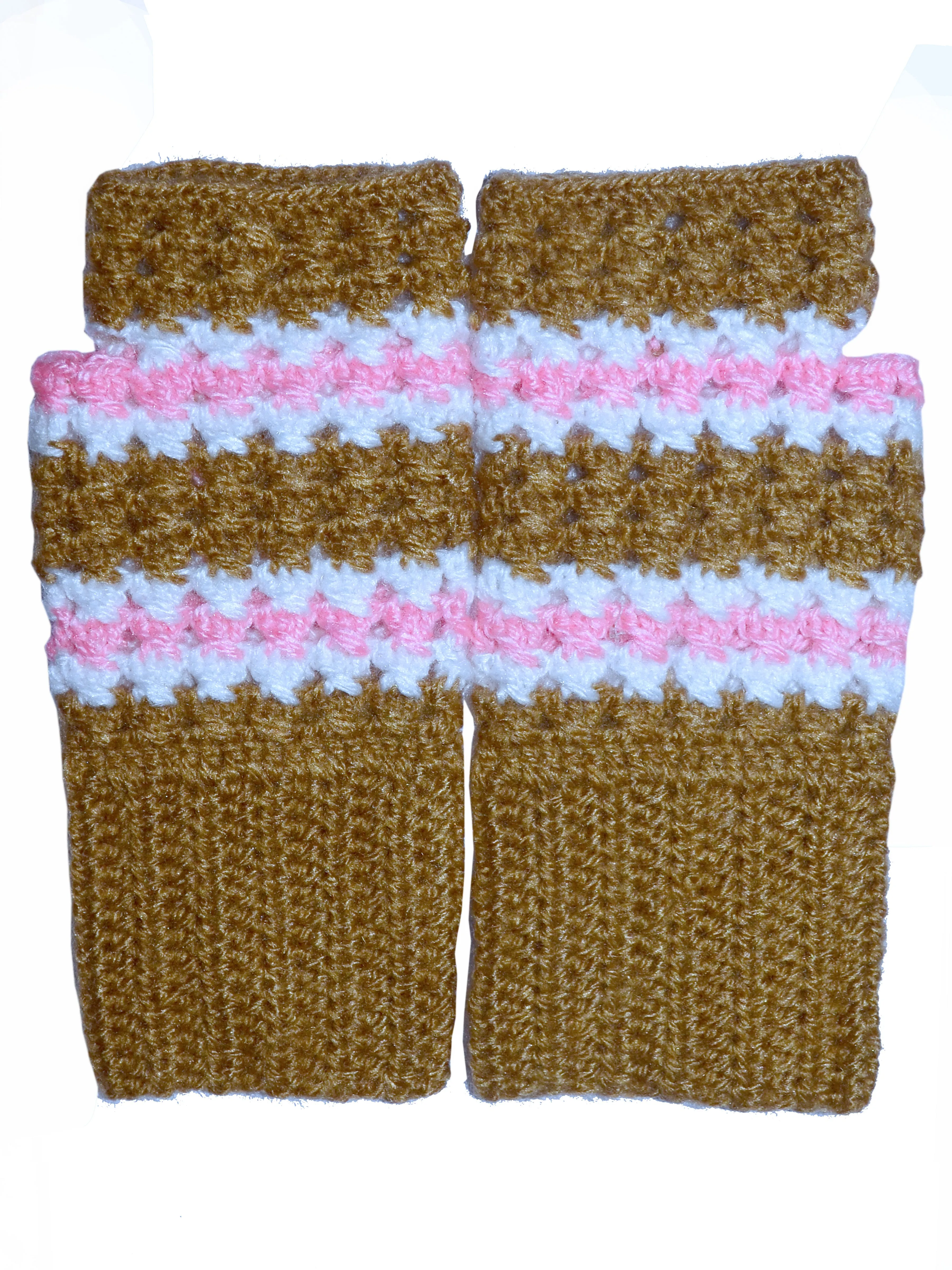 Graminarts Handmade fingerless multicolour cuffs white-pink line border with light brown