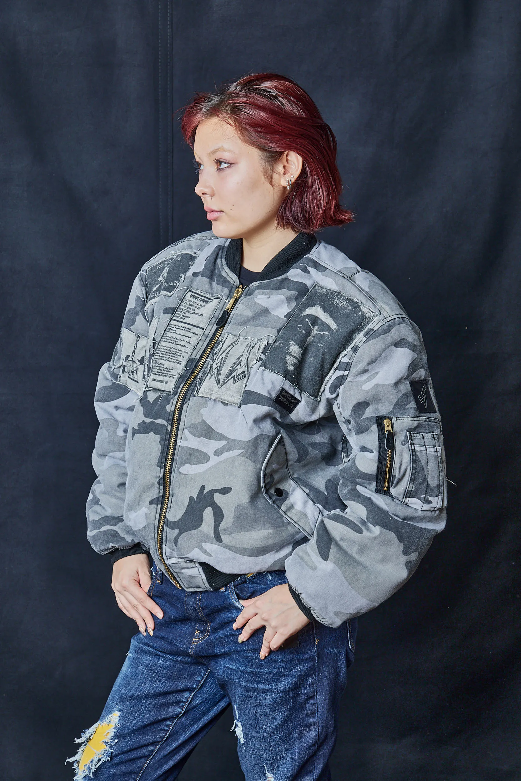 Grey Patched Camouflage Print Bomber