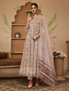 Hand Block Floral Printed Beige Anarkali Cotton Kurta With Trousers & Dupatta