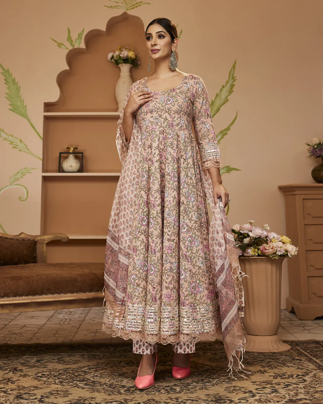 Hand Block Floral Printed Beige Anarkali Cotton Kurta With Trousers & Dupatta