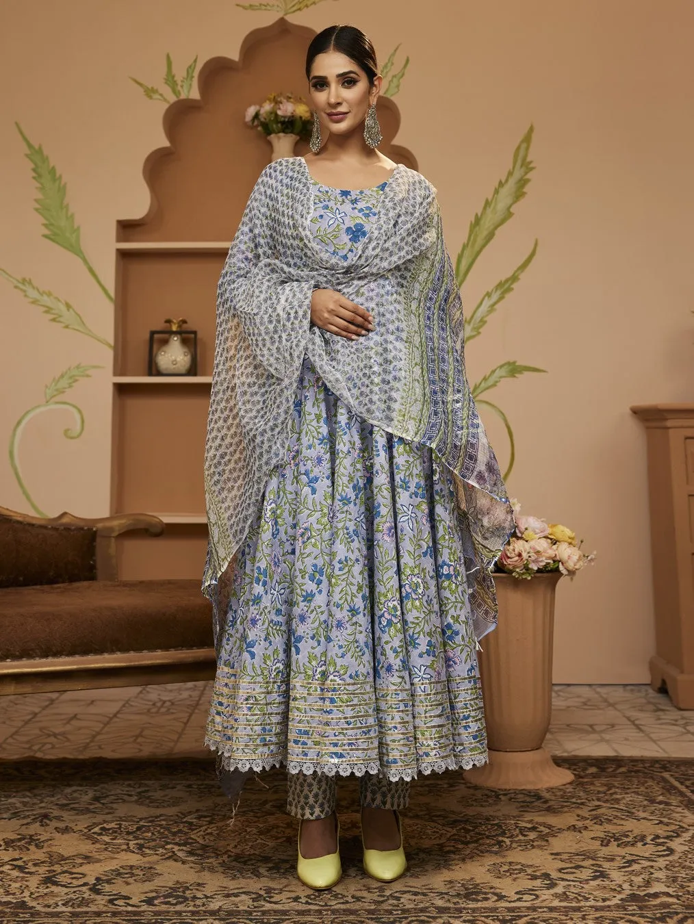 Hand Block Floral Printed Blue Anarkali Cotton Kurta With Trousers & Dupatta