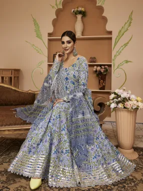 Hand Block Floral Printed Blue Anarkali Cotton Kurta With Trousers & Dupatta